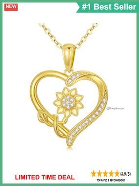 14K Solid Gold Sunflower Heart Pendant Necklace Cubic Zirconia 18in